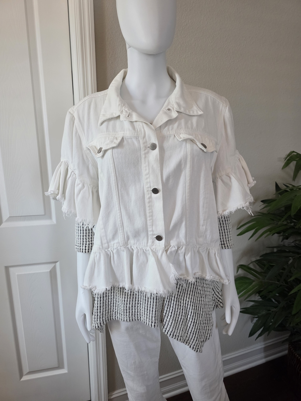 Camille & Co Original White Ruffle Denim Jacket - Size S/M